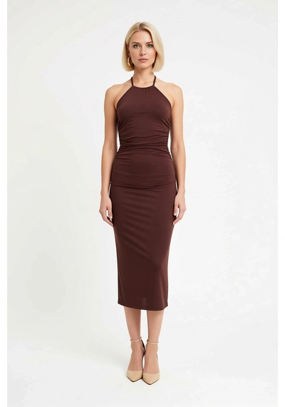 Benerly Kadın Halter Yaka Bodycon Midi Elbise İnce Askılı Astarsız Sandy Kahverengi