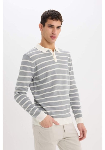 DeFacto Standart Fit Polo Yaka Çizgili Triko Kazak E7604AX24WNGR253