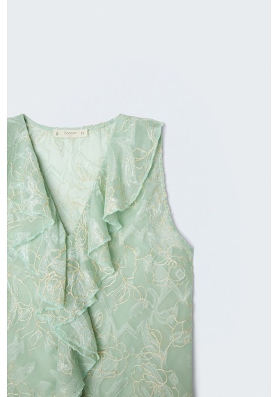 Sateen Nakışlı Fırfır Detaylı Transparan Bluz - Mint-137681 MİNT