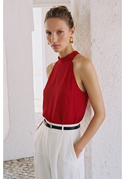 Sateen Halter Yaka Bluz - Kırmızı-137733