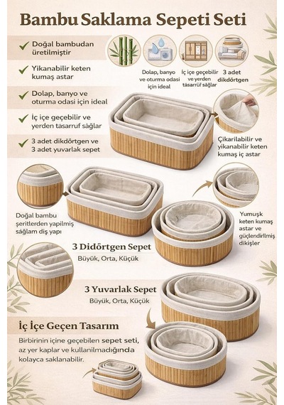 Bambu Meyvelik Sepeti 3'lü Set Küçük, Orta, Büyük Boy Çıkarılabilir Kumaş Astarlı Doğal Ahşap D Çok Renkli