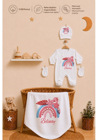 Pia Baby Kız Bebek Yeni Doğan Tulum Seti 4 Lü %100 Pamuk İsimli Organik Baskılı Battaniyeli 2029btyx Ekru
