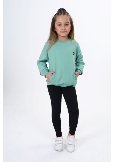 Toontoy Kids Toontoy Kız Çocuk 2'li Takım Baskılı Bisiklet Yaka Düşük Omuz Cepli Sweatshirt & Basic Düz Tayt Yeşil