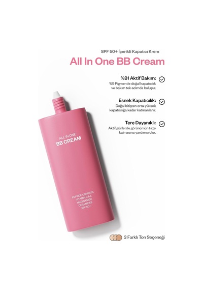 All In One Bb Cream Light Spf 50+ Yüksek Kapatıcılık Nemlendirici Ton Eşitleyici Suya Dayanıklı 50 Ml Çok Renkli