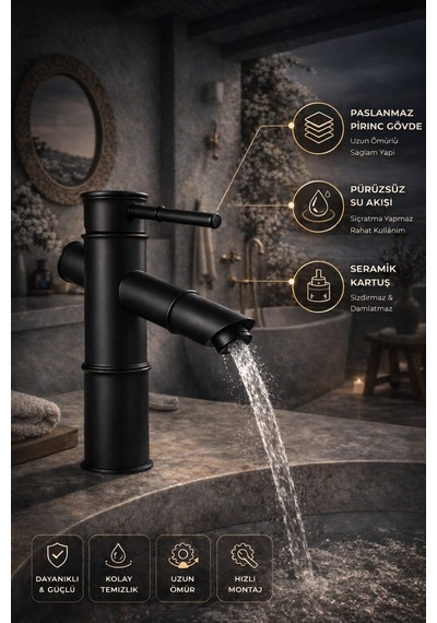 Viosa Lüx Premium Bambu Siyah Banyo Lavabo Musluğu Çeşmesi