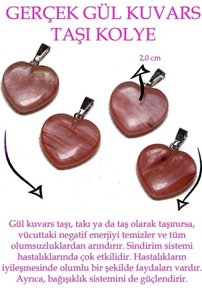 Erilsa Sertifikalı Kalp Kesim Gül Kuvars Taşı Kolye Çok Renkli