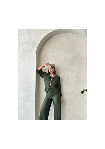 Verymoda Önden Bağlamalı Plise Gömlek - F1739 Haki