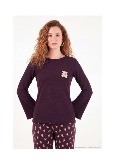 Lela Yumuşak Dokulu Desenli Uzun Kollu Pijama Takımı Kadın Pijama Takımı 6575018 Kahve