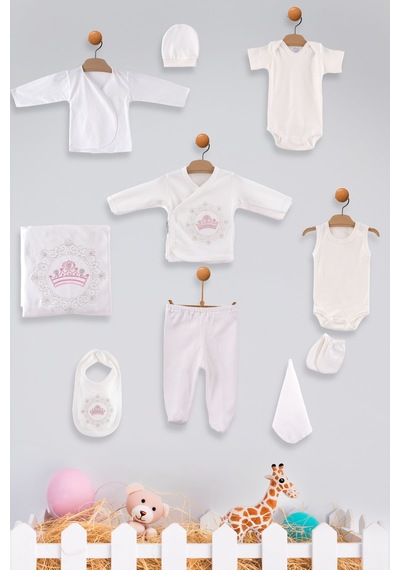 Zıpır Kız Bebek Organik Pamuk Taç Model 10'lu Hastane Çıkış Seti Pembe 522 Pembe