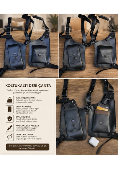 Kuyucular Deri Hakiki Deri Omuz Askılı Göğüs Çantası Telefon Cüzdan Organizer Siyah -Siyah