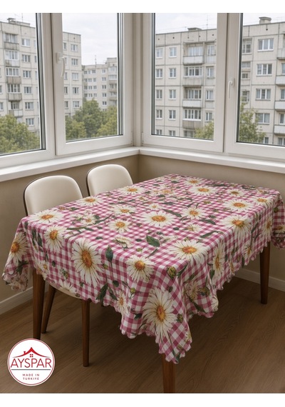 Masa Örtüsü 150x170 Cm Pembe Kareli Papatya Beyaz