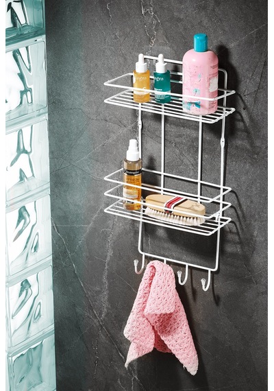 Sas Haus 2 Katlı Beyaz Kancalı Banyo Duş Rafı, Şampuanlık, Lif/kese Askılı, Paslanmaz Metal, Banyo Düzenleyici - Tş-02 Beyaz
