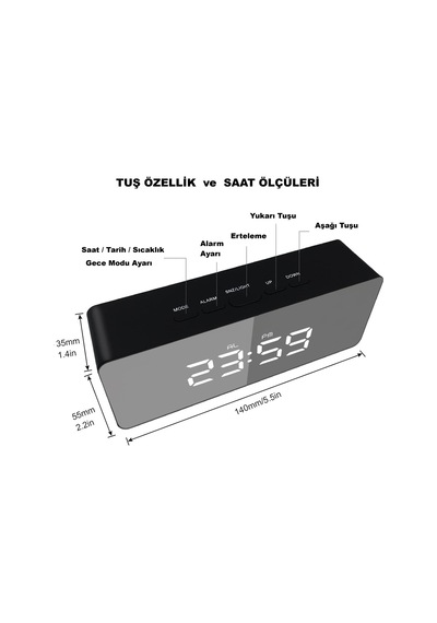 Hymark Dijital Çalar Saat Usb/pil Aynalı Led Termometre Alarm Gece Modlu Eletronik Saat