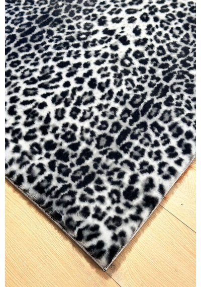 Raschel Carpet Premium Seri Gri Tavşan Tüyü Leopar Desenli Kaymaz Taban Halı Yolluk Gri