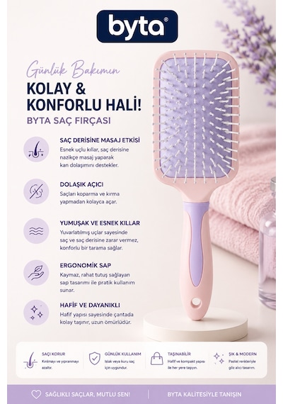 Profesyonel Saç Açma Fırçası Esnek Uçlu, Saç Derisine Masaj Etkili, Ergonomik Saplı Tarak