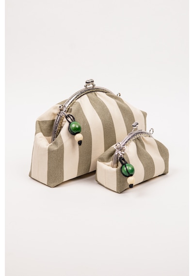 Fabric Craft Bag El Çantası İkili Set Kadın Duck Kumaş Çizgili Metal Klipsli 28x17 / 16x9 Cm Yeşil - Krem