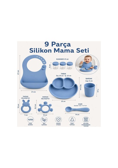 9 Parça Mama Seti %100 Silikon Bpa İçermez Ek Gıdaya Uygun Turkuaz