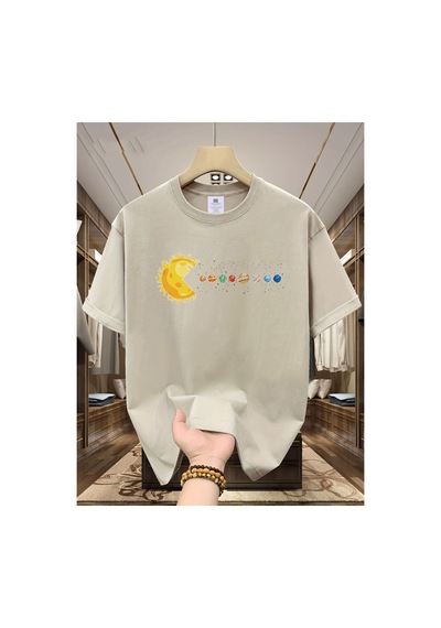 Caddemia Yaz Moda Rahat Gevşek Güneş Sistemi Gezegenler Baskı Spor Yuvarlak Boyun K Bej 2XL