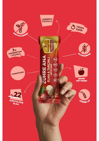 3'lü Magnezyum Ve Vitamin D İçeren Meyve Bar, Şeker İlavesiz Elma Ve Tarçınlı 35 Gr X 12 Adet