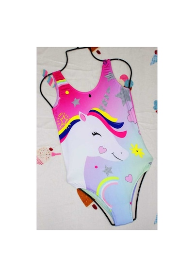 Sea Queen Renkli Desenli Likralı Kumaş Kız Çoçuk Yüzücü Mayo Pembe - 697892518 Pembe