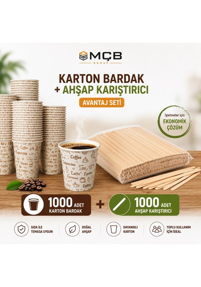 1000 Adet Karton Bardak + 1000 Adet Ahşap Karıştırıcı Seti Tek Kullanımlık Çay Kahve Bardağı Ve Ka