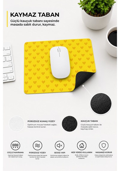 Sarı Renkli Kalpli Desenli Ergonomik Mouse Pad, Kaymaz Yüzey İle Ev Ve Ofis Kullanımı İçin İdeal