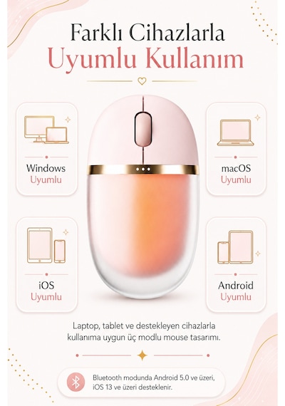 Muse Işıklı Bluetooth & 2.4g Kablosuz Oyuncu Pudra Pembe Mouse Çok Renkli Diğer