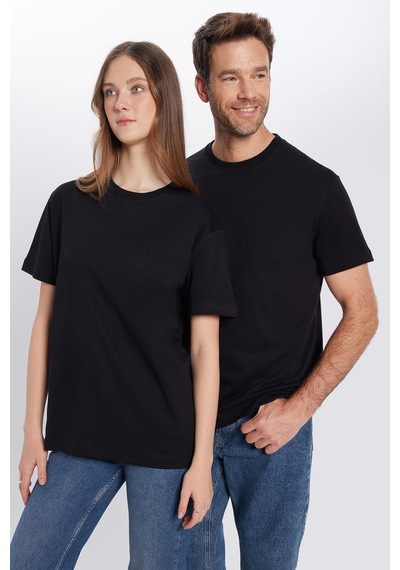 Tudors Unisex Relax Fit Rahat Kesim %100 Pamuk Yumuşak Dokulu Basic Bisiklet Yaka Siyah Tişört-30847 Siyah