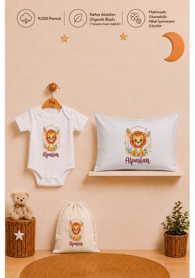 Pia Baby İsme Özel Erkek Bebek Hediyesi %100 Pamuk Organik Baskılı Body Yastık Kılıfı Ve Ham Bez Kıyafet Kesesi 1011byk0x Ekru