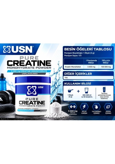 Usn Pure Creatine Monohydrate Powder 500gr - Kreatin Takviyesi Aromasız