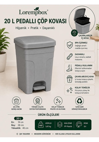Lorempbox 20 L Pedallı Çöp Kovası Çıkarılabilir İç Koval Gri