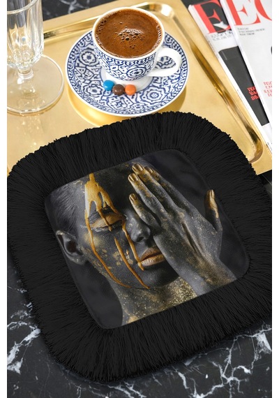 Lüks Modern Sanat Saçaklı Sunum Peçetesi - Sanatsal Portre Bohem Siyah Bardak Altlığı Mendil Soft Orman Mint