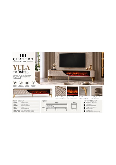 Yula Elektrikli Şömineli Tv Ünitesi 170 Cm Kum Beji Gold Metal Ayaklı Modern Tv Sehpası Krem Yula Elektrikli Şömineli Tv Ünitesi 170 Cm Kum Beji Gold Metal Ayaklı Modern Tv Sehpası Krem