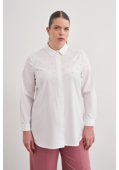 Aker İşlemeli Cotton Gömlek Beyaz Beyaz