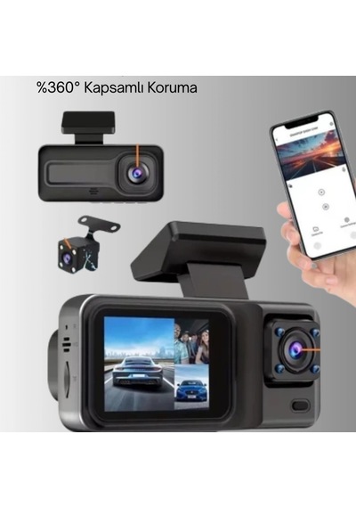 3 Kameralı Araç İçi Dashcam Ön Full Hd, Arka Ve İç Kamera Wi-fi, Ir Gece Görüş, G-sensor