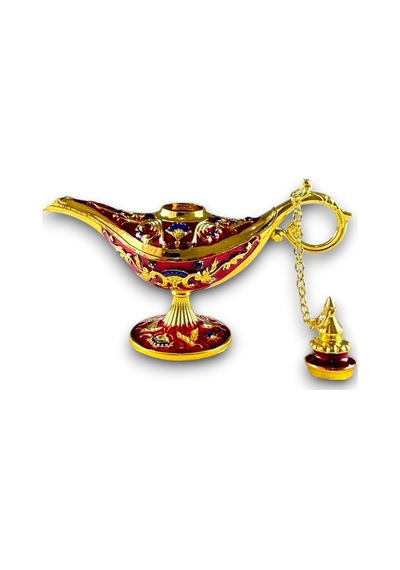 Aladdin Sihirli Lambası Renkli Işlemeli Dekoratif Biblo Alaattin Metal Çelik No:1 - 11x7 CM