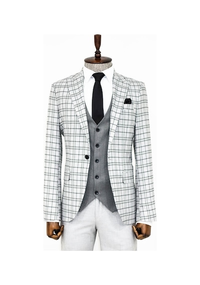 Wessi Gri Yelekli Slim Fit Ekose Açık Gri Erkek Takım Elbise Açık Gri