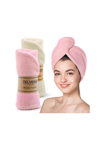 Mikrofiber Saç Havlusu Süper Emici Hızlı Kuruyan Türban Saç Havlusu Şapkası Uzun Kıvırcık Kalın Saçlar İçin Duş Saç Kurutma Havlusu, Plaj Havuz Banyo Kullanım 2li Krem + Pembe