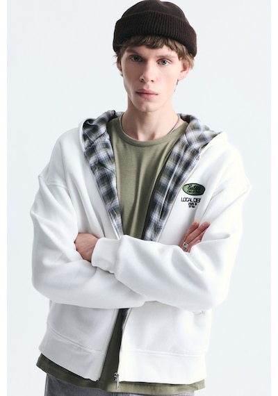 Vamos Boxy Fit Fermuarlı Kapüşonlu Sweatshirt V70-245 Ekru