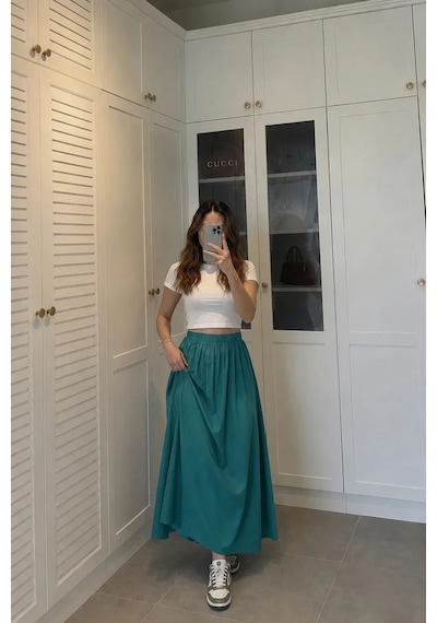 Kadın Petrol Yeşili Poplin Kumaş Uzun Etek Beli Lastikli Günlük Maxi Etek 90 Cm