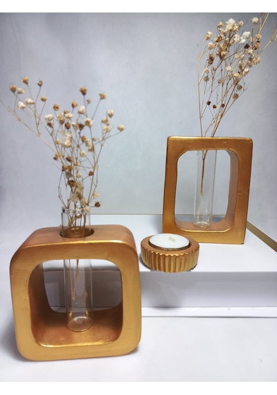 Vazo Set 2'li ,kare-dikdörtgen Formlu, Dekoratif Cam Tüplü, Kuru Çiçek Vazosu Gold