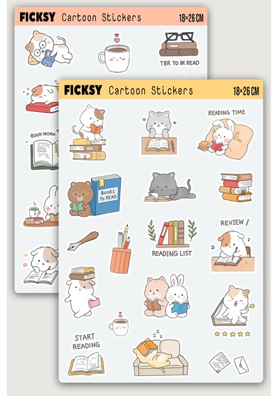 Kawaii Stili Sevimli Hayvanlar Kitap Tutkunu Temalı Sticker Seti - 31 Adet Etiket Çıkartma Diğer