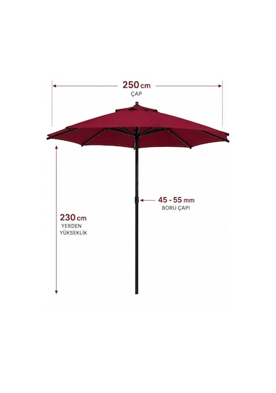 Alubrella Yuvarlak Bahçe, Güneş Şemsiyesi Bordo 250 Cm Çap/8 Çelik Tel Bidonsuz