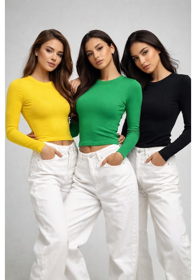 Rich Kadın Siyah-sarı-yeşil 3'lü Paket Bisiklet Yaka Esnek Kumaşlı Vücuda Oturan Slim Fit Uzun Kollu Crop Body Sarı