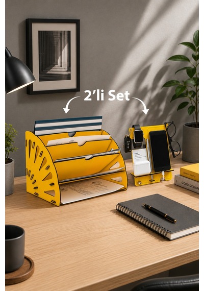 Quarter Masaüstü Organizer Ve Telefon Standı 2'li Set Ahşap Dosya Düzenleyici Dekoratif Dairesel Evrak Rafı Sarı - 901034195 Sarı