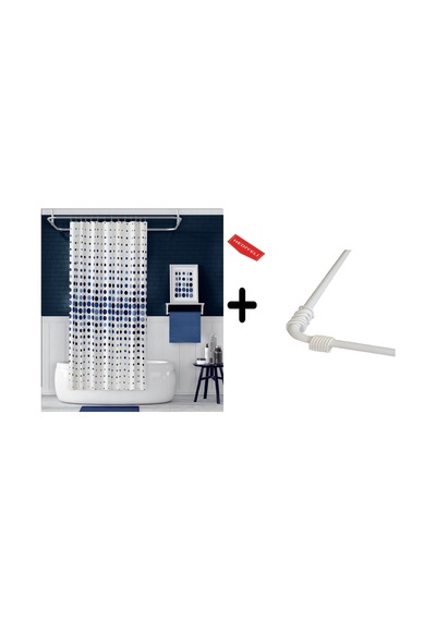 Banyo Perdesi 4961 Mavi 1x180x200, Perde Borusu Askı Aparatı Köşe Boru Beyaz Hediyeli, Duş Perdesi Seti Mavi