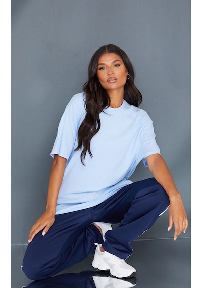 Düz Süprem T-shirt - Bebe Mavisi Oversize Bisiklet Yaka Kısa Kol Tişört Bebe Mavi