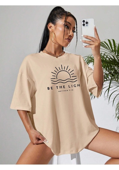 Be The Lıght Kadın Renkli Özel Baskılı Oversize Süprem Bisiklet Yaka T-shirt Bej