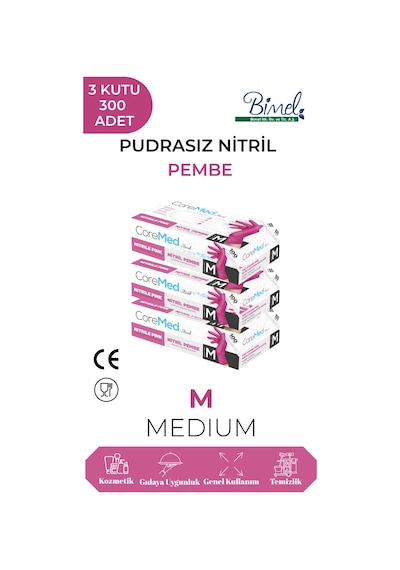Nitril Pembe Pudrasız Muayene Eldiveni M - 3 Paket 100 Lü