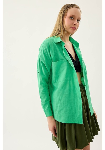 Vitrin Basic Oversize Önden Cepli Gömlek Yeşil